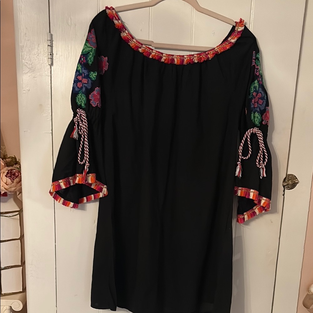 Women’s Velzera Black Embroidered Peasant Dress/cover up with Colorful Trim XL